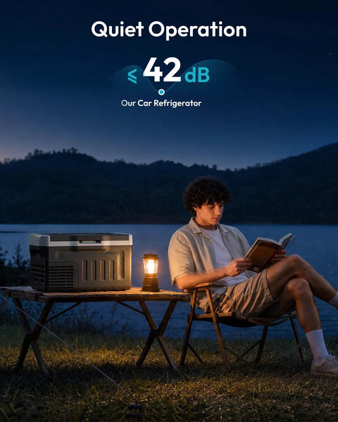 22Qt Portable Car Fridge And Freezer With Dual 12V Dc And 110V Ac Plugs on a table beside a man reading at night.