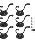 Heavy Duty Double Claw Wall Hooks, Vintage Style Metal Coat Racks With Full Setup Kit, black zinc alloy, six hooks and screws
