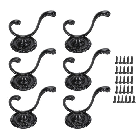 Heavy Duty Double Claw Wall Hooks, Vintage Style Metal Coat Racks With Full Setup Kit, black zinc alloy, six hooks and screws