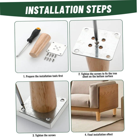 Installation steps for 4 Piece Beefy Heavy Duty Load Bearing Round Cylinder Wooden Cabinet Legs Set With Mounting Plates And Screws For Sofa Couch Bed About 3 Inch Height Sturdy Replacement Or Renovation Hardware.