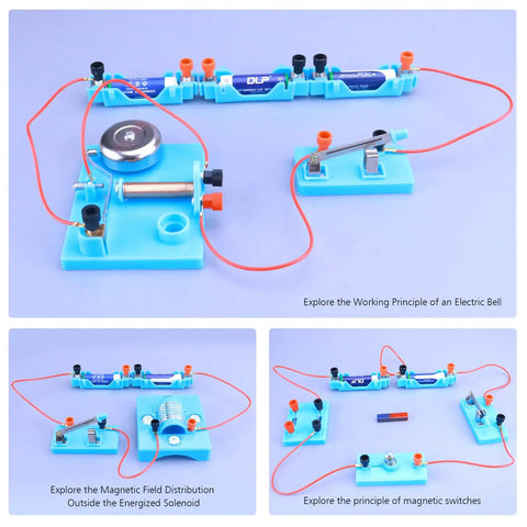Physics Lab Kit For High School Students With Basic Electricity Circuits And Magnetism Discovery Set Including 55 Electrical Parts And 22 Magnetism Pieces A Fun Hands On STEM Learning Starter For Electromagnetism And Elementary Electronics showing assembled electric bell circuits and magnetic field experiments on blue base.