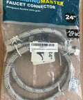 Rock Solid Build 24 Inch Braided Stainless Steel Faucet Hose Connector, 3/8 Compression To 1/2 Fip Water Supply Lines in packaging.