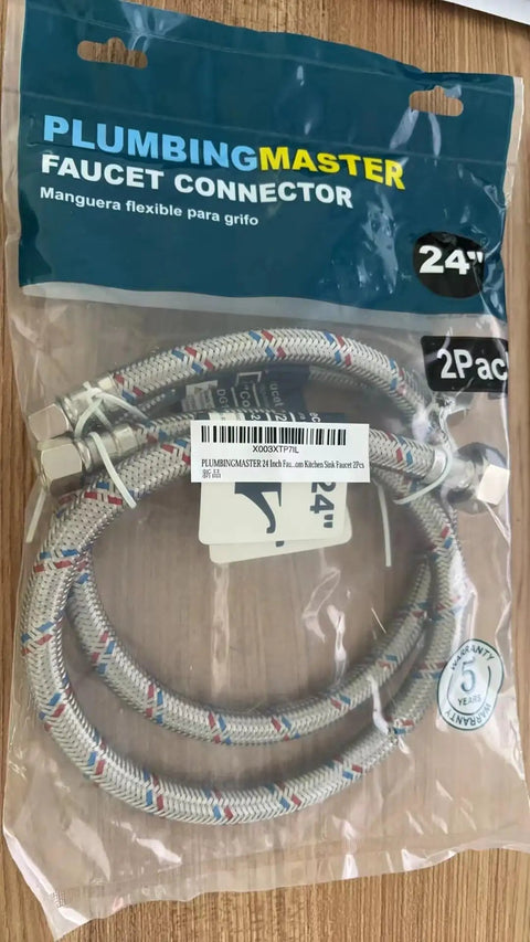 Rock Solid Build 24 Inch Braided Stainless Steel Faucet Hose Connector, 3/8 Compression To 1/2 Fip Water Supply Lines in packaging.