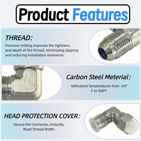 90 Degree Elbow JIC 37 Degree Hydraulic Fittings Three Eighths Inch Male And Three Eighths Inch Female With Protection Cover Hose Swivel Crimp Fittings Five Pack For Flexible Hydraulic Line Routing, carbon steel thread close-up