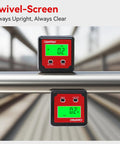 Digital Angle Gauge DAG V1 with backlit display on metal pipe, showing precise angle reading, pro-grade red and black design.