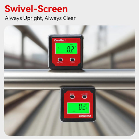Digital Angle Gauge DAG V1 with backlit display on metal pipe, showing precise angle reading, pro-grade red and black design.