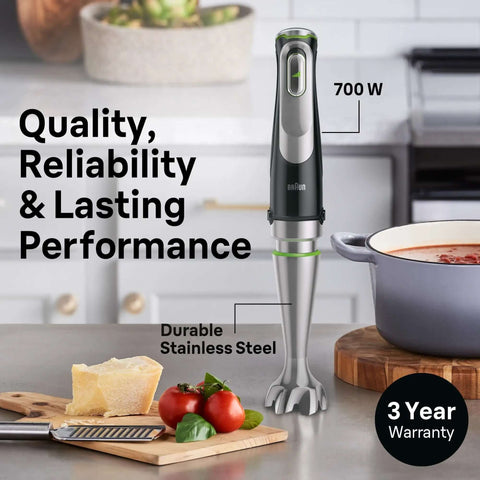 Badass Eight Attachment Hand Blender With Slick Smart Speed Controls And Instant Pulse Mode For No Fuss Vegetable Pureeing Herb Chopping And Creamy Soup Making In Your Home Kitchen, 700W stainless steel immersion blender.
