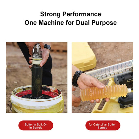 Cordless Electric Grease Gun With 12000 PSI High Pressure in use with bulk grease drum, demonstrating dual-purpose capability