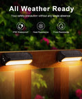 Solar Fence Lights Outdoor Waterproof 4 Pack With Warm White And RGB Color Changing Modes glowing on a rainy fence.
