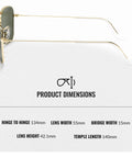 Side view of Square Shape Non-Polarized Sunglasses for Men and Women With G-15 Green Lens showing dimensions, gold frame