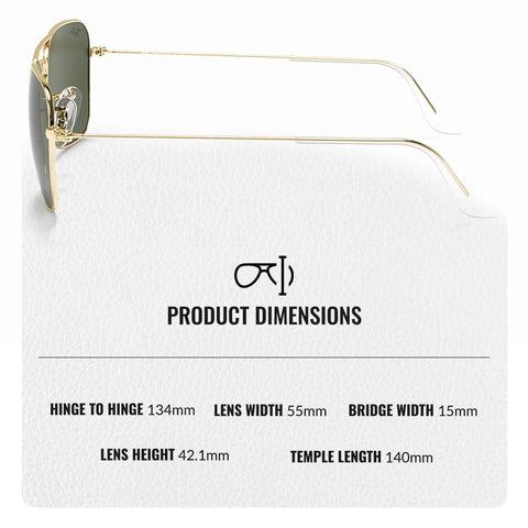 Side view of Square Shape Non-Polarized Sunglasses for Men and Women With G-15 Green Lens showing dimensions, gold frame
