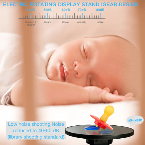 JAYEGT Motorized Rotating Display Stand, 10-Inch Mirror Finish Turntable showcasing a pacifier atop a sleek black base.