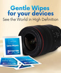Pre Moistened Lens Wipes For Eyeglasses And Camera Lenses Streak Free 600 Pack shown with camera lens and individual packets