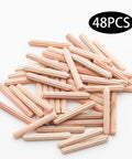 Wooden Dowel Pin Set 48 Pcs, 4mm By 30mm And 5/32 Inch By 1.18 Inch fluted beveled end pins scattered on white background.