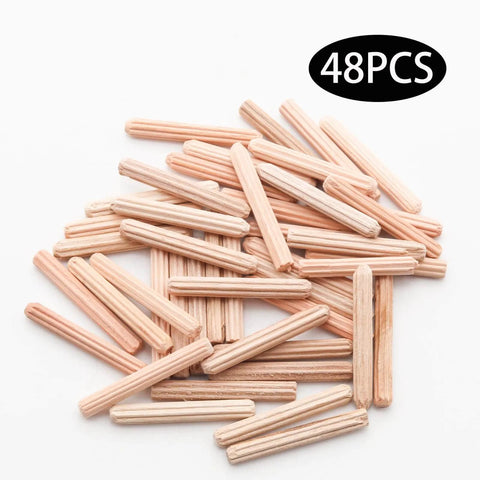 Wooden Dowel Pin Set 48 Pcs, 4mm By 30mm And 5/32 Inch By 1.18 Inch fluted beveled end pins scattered on white background.