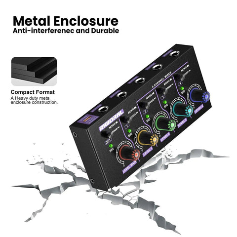 Compact 4 Channel Mini Audio Mixer With 1 Quarter Inch TS TSR Input Jacks, showing metal enclosure and control knobs