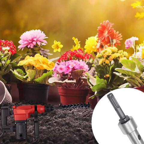 Garden Auger Drill Adapter For Impact Driver With Round Shank SDS Plus To One Half Inch Thread Keyless Chuck 304 Stainless Steel Heavy Duty Bit Adapter Durable And Easy To Install Go To Pros And DIY Earth Drilling Jobs Built Tough For Real World Use shown with flowers and drill