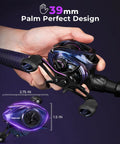 Royale Legend Pro Baitcasting Reel with Fast 8.0 to 1 Gear Ratio in hand, showing compact 39mm palm design for fishing.