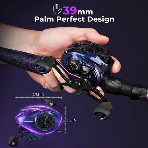 Royale Legend Pro Baitcasting Reel with Fast 8.0 to 1 Gear Ratio in hand, showing compact 39mm palm design for fishing.