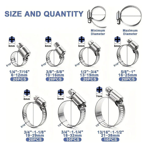 Ditch the drip and grab this Sick Worm Gear Hose Clamp Kit With 40 Or 120 Pieces Across 5 Sizes Perfect For Securing Water Gas Lines And Silicone Hoses On Any Joint With A Tight Screw Mechanism That Holds Firm. Size and quantity chart for stainless steel worm gear hose clamps, 6-7mm screws, 20pcs each