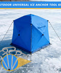 Heavy Duty Ice Anchor Tool Kit With Drill Adapter and Head includes four tent stakes supporting blue ice fishing shelter on frozen lake