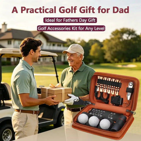 Golf Gifts For Men Fathers Day Complete Golf Accessories Kit In PU Leather Case With 3 Golf Balls, 12 Tees, Divot Tool, Monocular, Scorer
