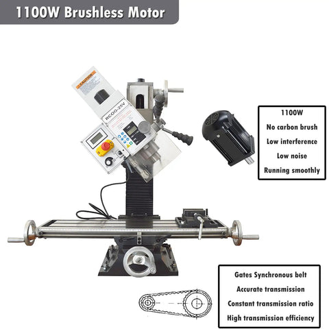 Shop Ready Mini Milling And Drilling Machine With R8 Spindle Taper And Wide Benchtop Table featuring 1100W Brushless Motor and controls.