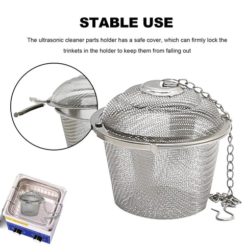 Heavy Duty 304 Stainless Steel Ultrasonic Cleaner Basket Set, detailed view of covered basket holder with secure loop hooks.