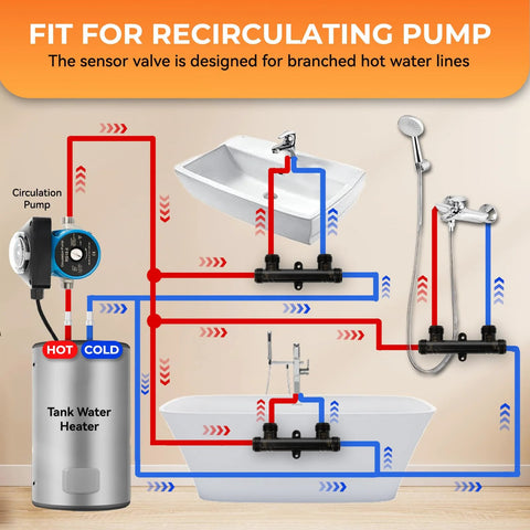 WP596816 brass sensor valve with black coating for hot water recirculation pump systems, installed in plumbing diagram