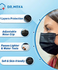 Black 3 Layer Disposable Face Masks Bulk Pack 500 Count ASTM Level 2 Medical Grade Protection, shown worn with earloops.