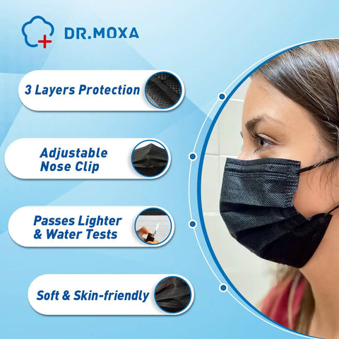 Black 3 Layer Disposable Face Masks Bulk Pack 500 Count ASTM Level 2 Medical Grade Protection, shown worn with earloops.