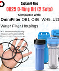 Hand holding OK25 Replacement O Ring Kit for OmniFilter OB1 OB6 WH5 U25 Water Filter Housings, includes 8 O Rings in 4 sizes.