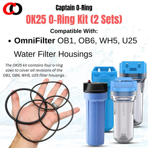 Hand holding OK25 Replacement O Ring Kit for OmniFilter OB1 OB6 WH5 U25 Water Filter Housings, includes 8 O Rings in 4 sizes.