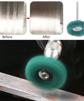 Before and after polishing with 150 Piece Mini Drill Bit Abrasive Brush Wire Buffing Polishing Wheel Set for detail metal finishing.