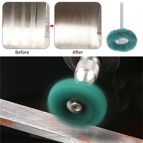 Before and after polishing with 150 Piece Mini Drill Bit Abrasive Brush Wire Buffing Polishing Wheel Set for detail metal finishing.