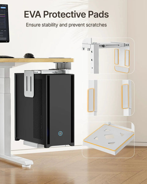 Under Desk PC Mount, Beefy Heavy-Duty Adjustable CPU Holder for Standing Desk, shown with EVA protective pads installed.