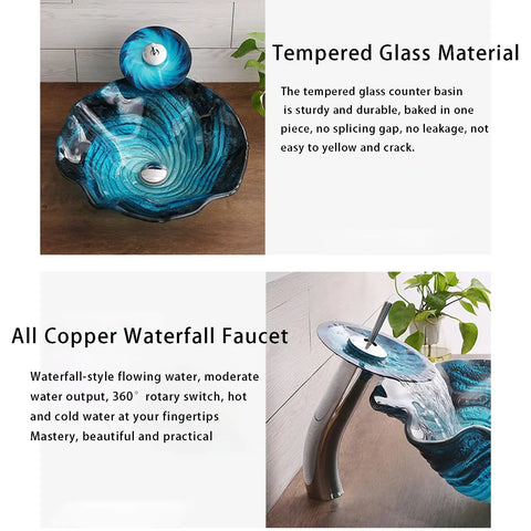 Bathroom Vessel Sink,Flower Shape Blue Vanity Sink Bowl,Countertop Tempered Glass Vessel Sink Combo For Bathrooms with waterfall faucet.