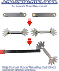 2-piece thread pitch gauge from 61 Piece All In One Pro Grade Thread Repair Kit with unfolded blades for thread measurement.