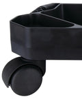 Close-up of black Rolling Tool Creeper Caddy Tray with five compartments and swivel caster wheel for garage organization