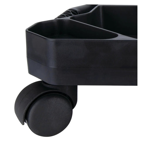 Close-up of black Rolling Tool Creeper Caddy Tray with five compartments and swivel caster wheel for garage organization