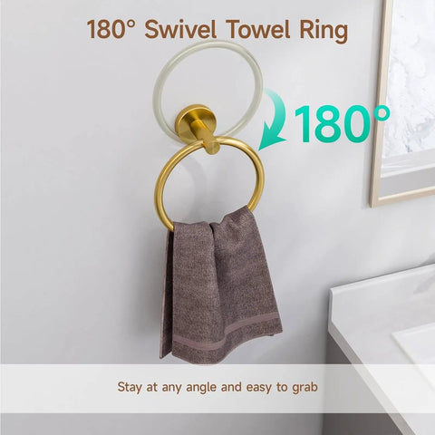 180° swivel towel ring in Brushed Gold 4 Piece Bathroom Hardware Set With 18 Inch Towel Bar And Toilet Paper Holder Wall Mounted SUS304 Stainless Steel Durable Bath Accessories Kit For Modern Homes