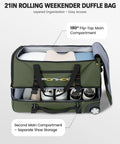 Front view of Ponhog 21in rolling duffle bag in green, opened to reveal shoe compartment and organized interior