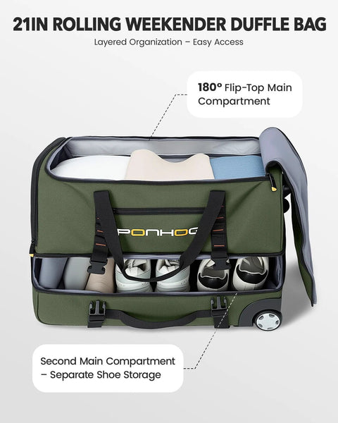 Front view of Ponhog 21in rolling duffle bag in green, opened to reveal shoe compartment and organized interior