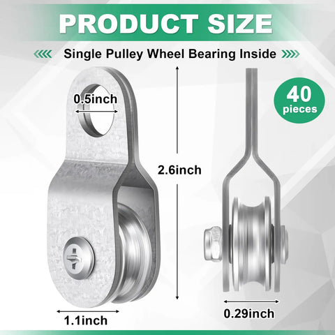 40 Pack Heavy Duty Workhorse Single Pulley Wheel Bearing Inside Cable Roller Snatch Block For Hanging Rope Accessory Fits 6mm And 8mm Wire Rope Up To 550 Lbs Load Size 2.6 By 1.1 Inches, 0.5 inch hole