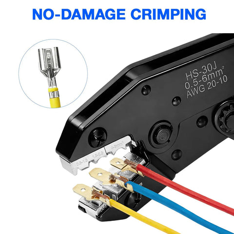 Close-up of a Ratcheting Wire Crimping Tool Set With 6 Replaceable Dies For Heat Shrink And Terminal Work, crimping wires.
