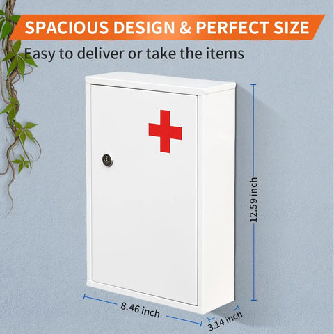 Solid As A Rock Wall Mounted Lockable Medical Cabinet Featuring Dual Tier Keyed Steel Medicine Organizer Secure Large Capacity First Aid Storage For Bathroom And School, size 12.59x8.46x3.14 in, with red cross design.