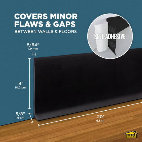 Self-Stick Vinyl Wall Base 4 Inch High By 20 Feet Long Black Flexible Vinyl Trim For Walls Easy To Clean And Maintain Pro Grade Edge Guard
