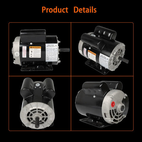 Collage of 3 HP SPL Air Compressor Motor 56 Frame 3450 RPM Single Phase 60 Hz Five Eighths Shaft 115 230V not standard 3 HP motors
