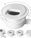 White cable grommet with cap slider locking tool-free securing design for walls, ceilings, and desks, made in USA.