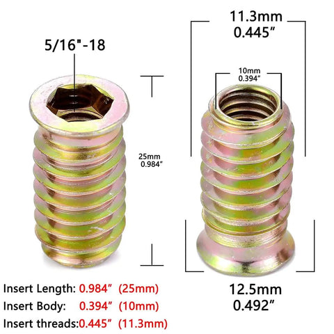30 Piece Pack 5/16 Inch 18 Threads Wood Threaded Inserts 25mm Long For DIY Woodworking And Furniture Projects Heavy Duty Carbon Steel Includes 11.5mm Drill Bit And 8mm Hex Spanner